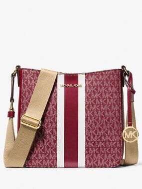 New Michael Kors Jet Set Small Signature Logo Stripe Crossbody Bag Cherry Multi